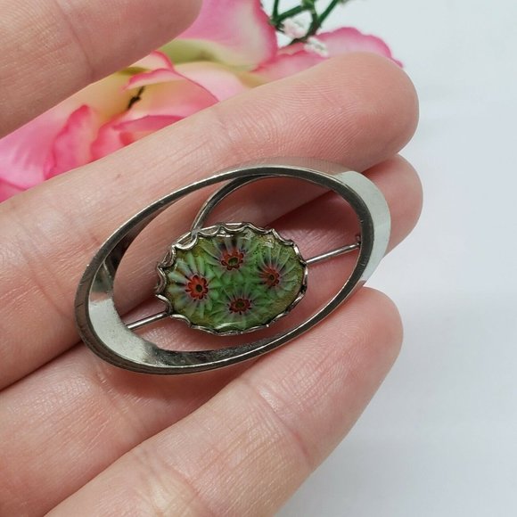 Vintage Green Murano Millefiori Venetian Glass Italian Pin Brooch Silver Tone - Picture 3 of 8